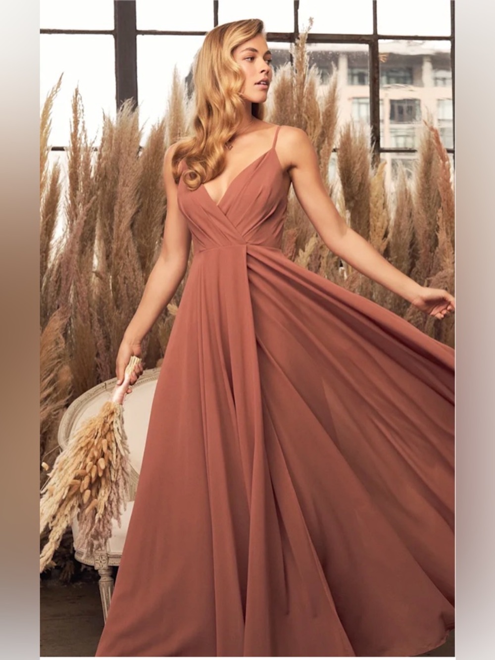 Lulu's Rusty Rose Spaghetti-Strap V-Neck Chiffon Maxi Dress